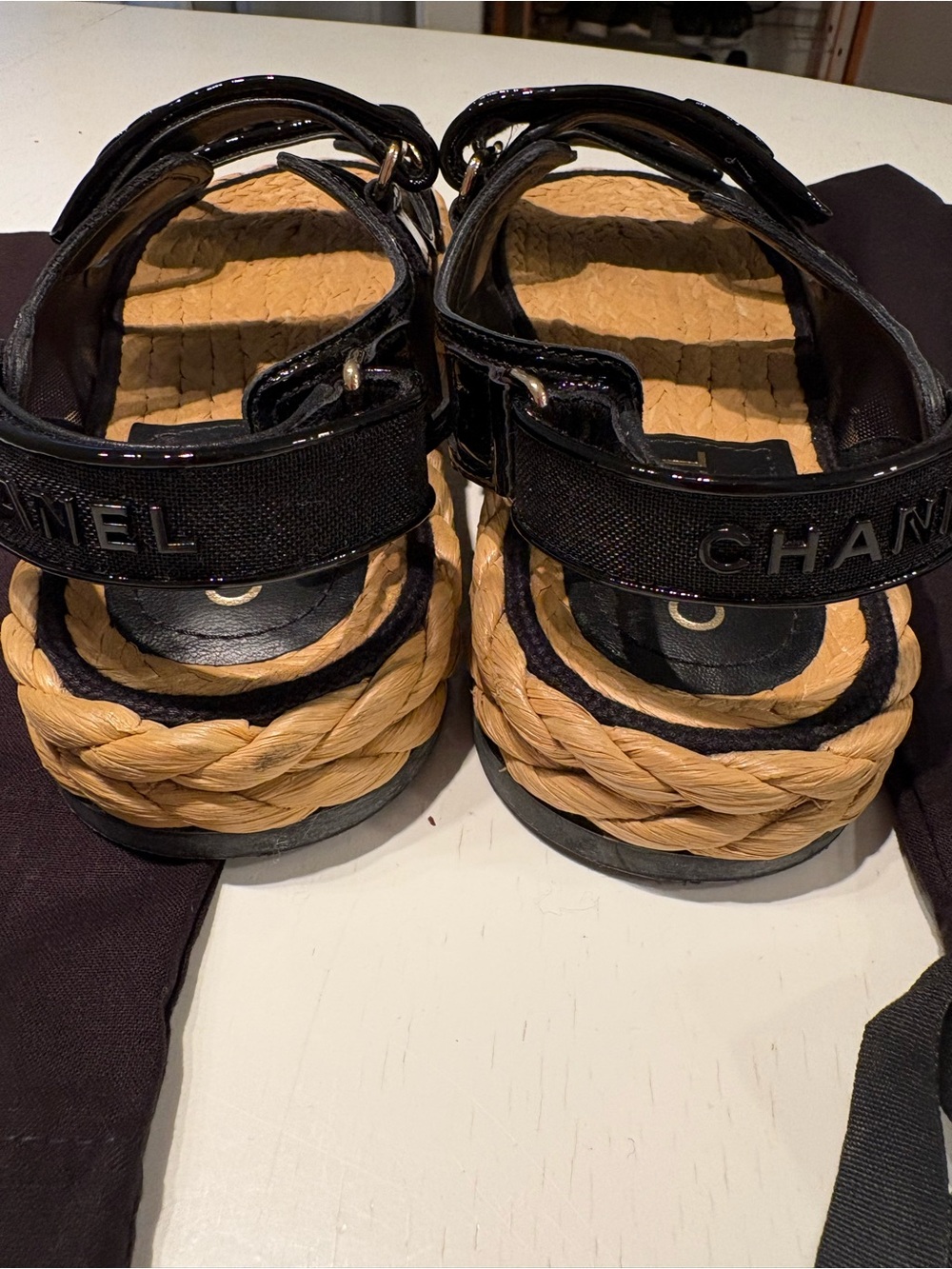 CHANEL Black Canvas and Natural Rope Espadrille Sandals - Picture 6 of 11